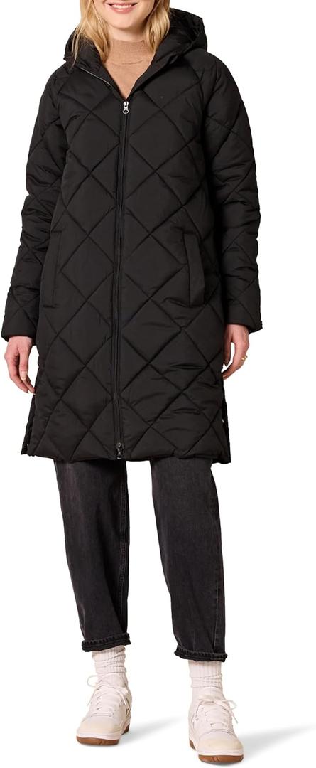 Amazon Essentials Women's Puffer Jacket, Heavyweight Diamond Quilted Knee Length Winter Coat (Large, Black)
