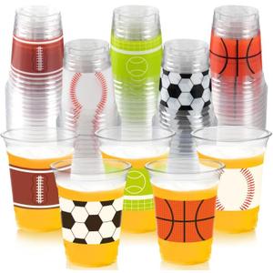 50Pcs Sports Party Decoration Cups, 12Oz Sports Plastic Disposable Cups for Kids Football Soccer Basketball Baseball Birthday Party Decorations Supplies Favors