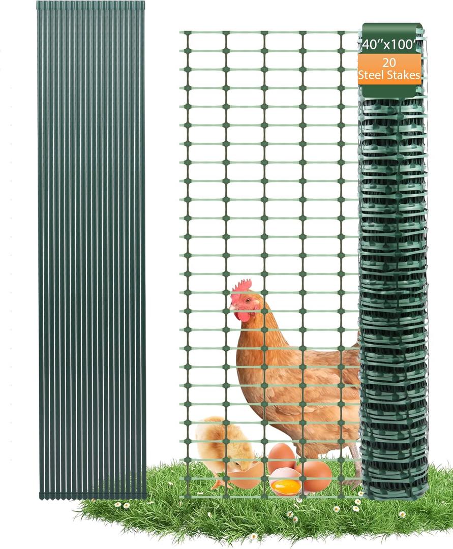 Temporary Plastic Garden Fence Animal Barrier, Green, 40 In X 100 Foot, Steel, Garden Style