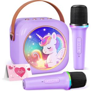 Karaoke Machine for Kids with 2 Wireless Microphones,Girls Speaker with Unicorn Colorful LED Lights,Birthday Gift for 3-12 Years Old,Portable Toys for Home Party (Purple)