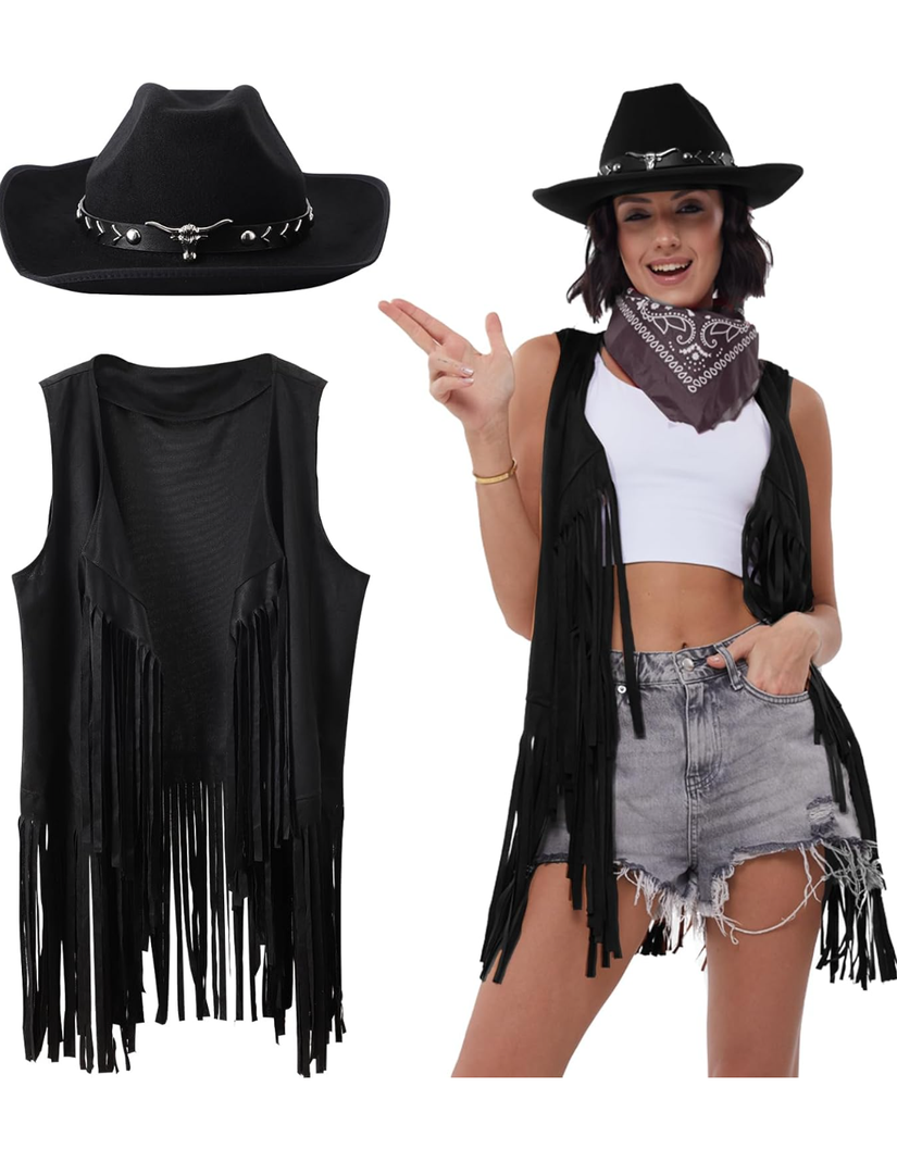 PARTTElY Outfits for Women Cowgirl Tassel Sleeveless Vest Cowboy Hat and Paisley Bandana, L