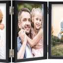 3 Picture Frame 5x7 Black Triple Hinged MDF Wood with Glass Front Three Opening Photo Frame Stand Vertical on Tabletop