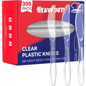 JOLLY CHEF 300 Count Clear Plastic Knives Heavy Duty, 7.7" Heat Resistant Solid and Durable Plastic Knives Disposable, Disposable Bulk Cutlery Suitable for Parties Supply Events Everyday Use