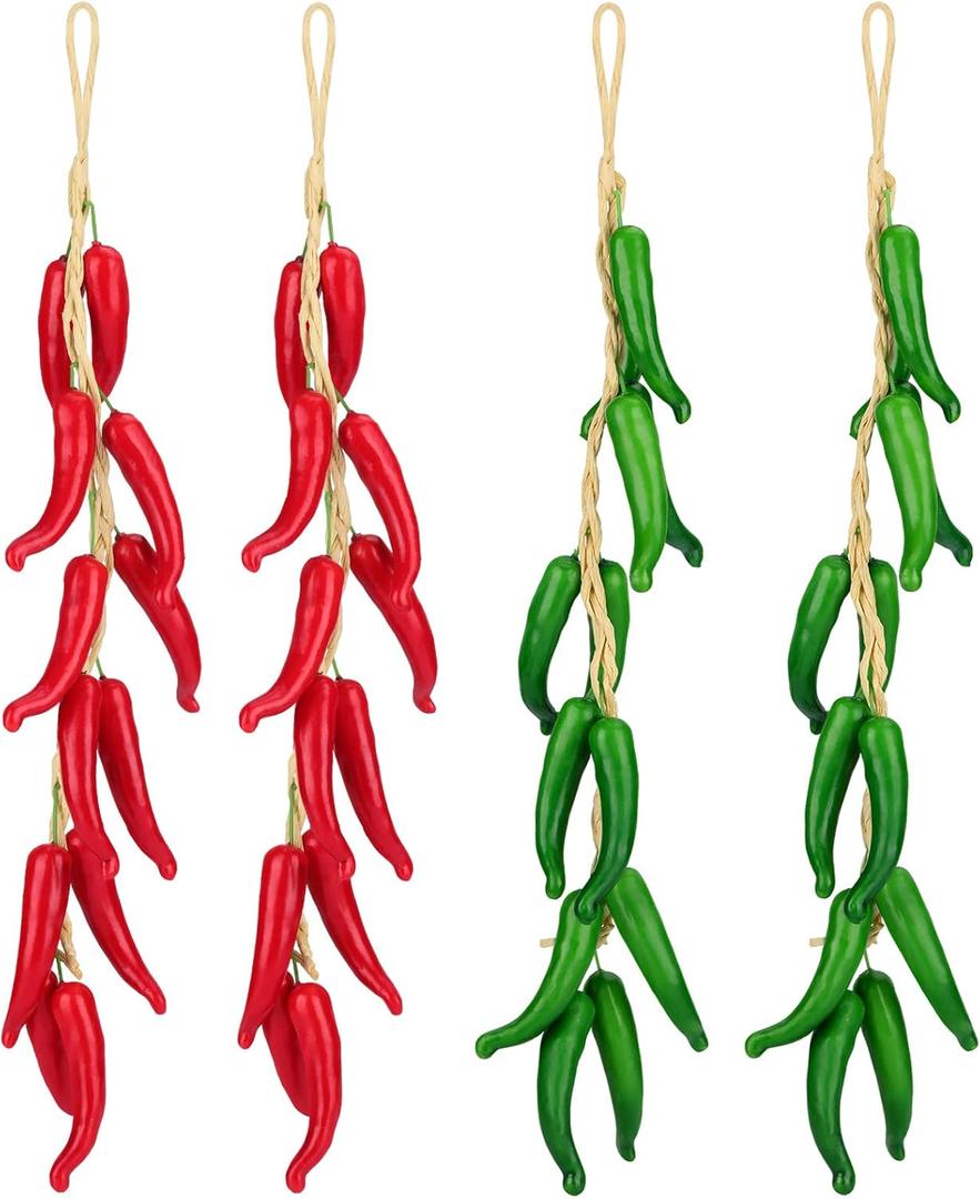 4 Pcs Artificial Chili Peppers on a String Wall Hanging Decorations Lifelike Foam Hot Chili Pepper Red & Green Fake Simulation Vegetable Fruit Garland Vine for Mexican Fiesta Party Home Kitchen Decor