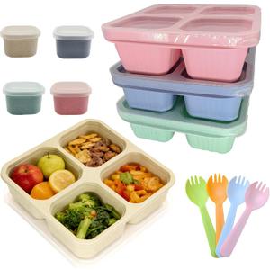4 Pcs Snack Box Containers Set, Reusable 4 Compartment Lunchable Container with 4 Sauce Pots, Stackable BPA-Free Bento Box for Meal Prep Picnic Office Travel (4 Colors)