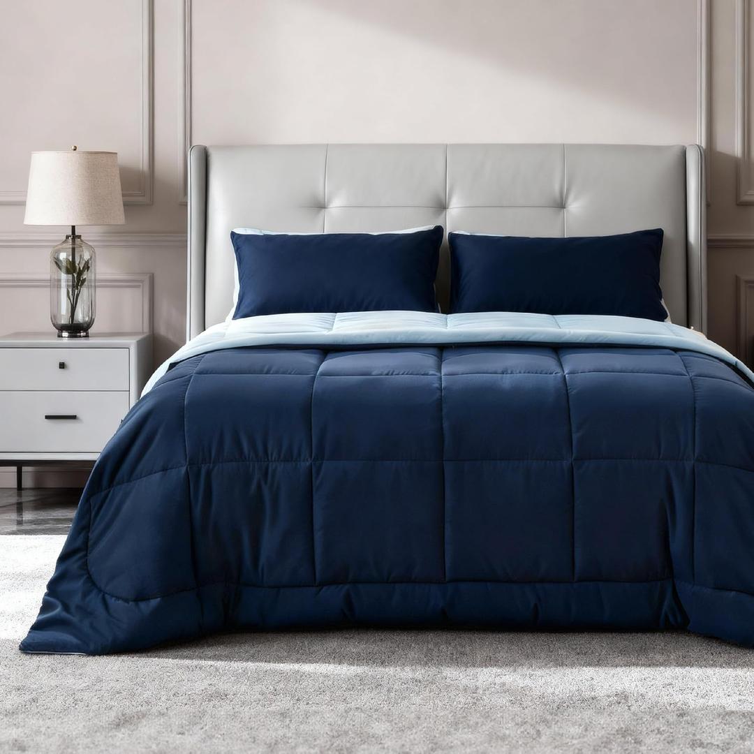 Bedsure Duvet Insert King, All Season Bed Comforter, Quilted Down Alternative Duvet, Box Stitched Comforters with Corner Tabs, Machine Washable, 102 x 90 Inches (Navy Blue/Blue)
