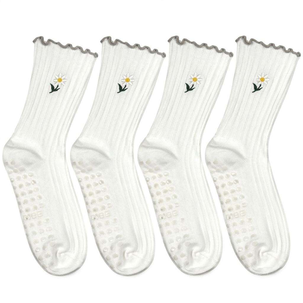 2 xCute Floral Pattern Yoga Socks for Women – Breathable Grip Ankle Socks with Ruffle Top, US Size 5-9 (US, Alpha, One Size, Regular, Regular, White 4 pairs)
