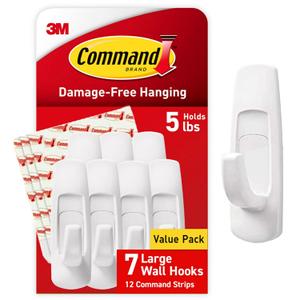 Command 5 lb Large Utility Hooks, 7 Wall Hooks and 12 Command Strips, Damage Free Hanging with Adhesive Strips, No Tools for Hanging, Organization and Storage