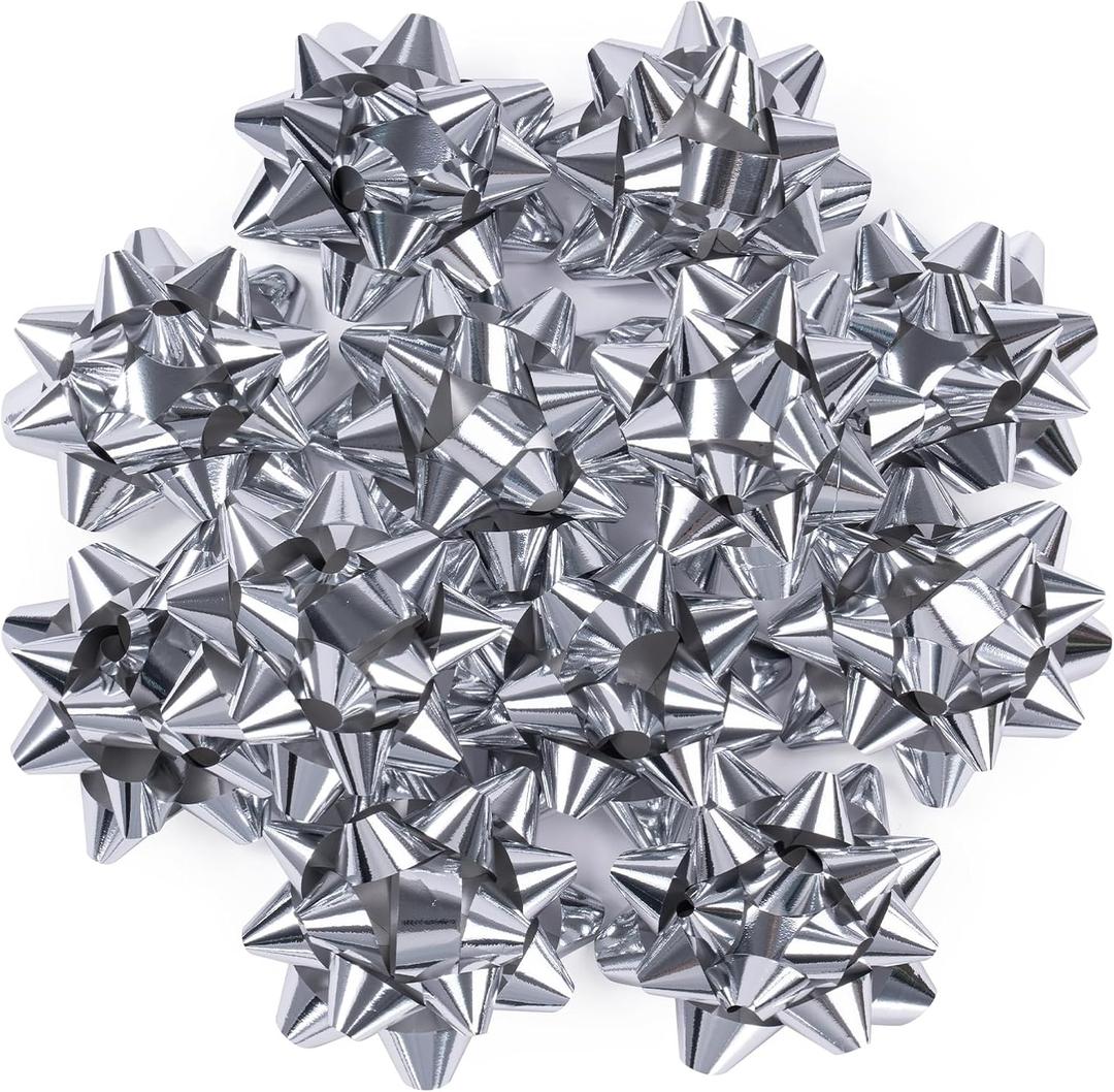 WRAPAHOLIC 4 Inch Metallic Silver Gift Bow Assortment (12 Bows) for Birthday, Wedding, Christmas, Baby Shower, Bridal Showers