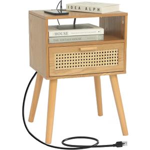 MaxSmeo Mid Century Modern Nightstand with Charging Station, Bedside Tables with Rattan Drawer, Small Wood Nightstand Side Table for Living Room,Bedroom (Brown)