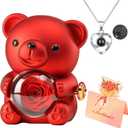 Teddy Bear with Preserved Rose, Romantic Everlasting Rose Bear with I Love You Necklace 100 Languages and Beautiful Gift Box, Mother's Day, Anniversary, Birthday and Valentine's Day Surprise Gifts (Red)