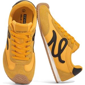 LUCKY STEP Women's Retro Tennis Fashion Sneakers Classic Casual Thin Sole Cute Comfortable Genuine Leather Trainer Ligheweight Trendy Walking Shoes (8.5, Yellow/Black)