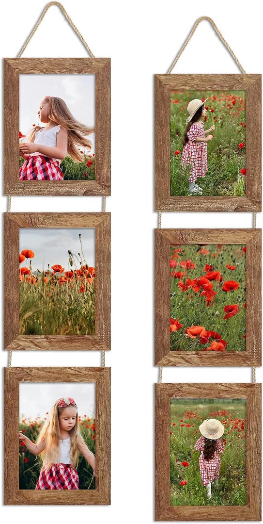 5x7 Collage Picture Frames Set of 2, Rustic Wooden Real Glass Vertical Hanging 3 Opening 5 by 7 Photo Frame, Rustic Brown