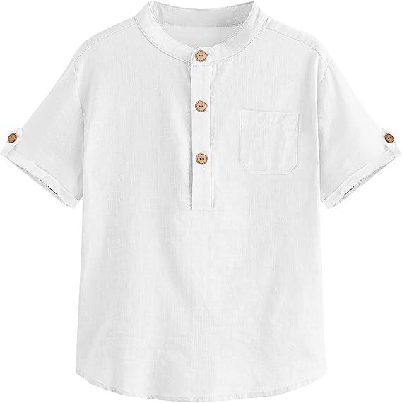 Boys Short Sleeve Henley Shirt Button Up Linen Cotton Dress Shirts Tees Tops with One Pocket, Size: 3-4T