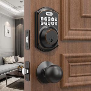 TEEHO TE001K Keyless Entry Door Lock with Handle, Electronic Keypad Deadbolt with 2 Knobs, High-Security Front Door Handle Set for Home & Rental, Smart Auto-Locking, Easy Install, Oil-Rubbed Bronze