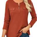 GRACE KARIN Waffle Knit Tops for Women, Long Sleeve Shirts Dressy Casual Tunic Tops, 2025 Fall Work Blouses with Zipper (XX-Large, Caramel)