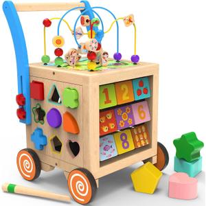 9-in-1 Wooden Activity Cube Walker for 1 Year Old, Sit-to-Stand Push Walker, Medium