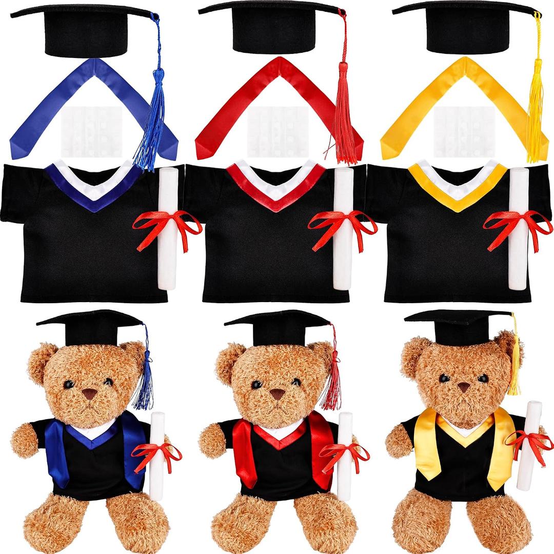 3 Sets Graduation Bear Clothes Include 3 Cap with Tassel 3 Graduation Gown 3 Certificate 3 Stole Fits 14-15 Inch Plush Teady Bears Stuffed Animal Grad Party Doll Clothing Gift, 14-18 inch