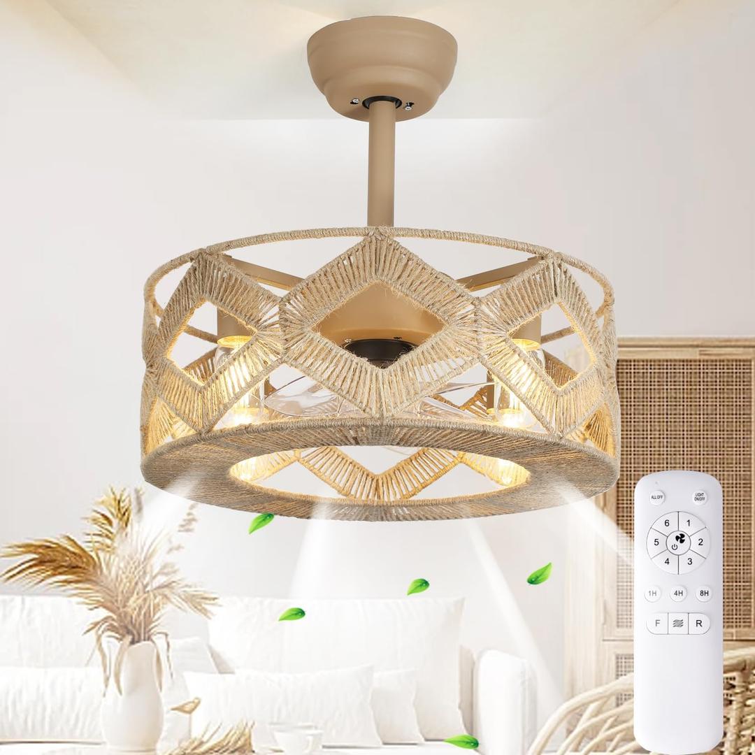 20in Rattan Ceiling Fan with Light, Boho Cage Bladeless Flush Mount Retro Fandelier with Lights and Remote Control, 6-Speed Reversible Silent, Hemp Rope Ceiling Fan for Bedroom Kitchen (Brown)