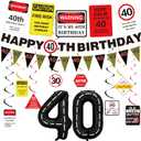 Roetyce 40th Birthday Party Decorations Men Women, Caution Logos Happy 40th Birthday Banner Balloons Hanging Swirls Kit, Funny 40 Years Old Wall Signs for Adults, Black Red 40 Zone Backdrop Decor