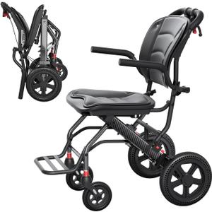 24LBS Lightweight Foldable Transport Wheelchair for Adults & Seniors Portable Aluminum Travel Chair with Handbrake 9" Honeycomb Tires Compact Wheelchair Holds 220 LBS, Black, 15.6" Seat Width