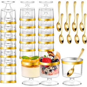 DI QIU REN 120 Pcs 5oz Dessert Cups with Gold Rim and Golden Spoon, Plastic Dessert Parfait Cup Clear Appetizer Pudding Cup, Round Serving Goblet Cups Shot Glasse (Round Goblet with Gold Rim-60Pack)