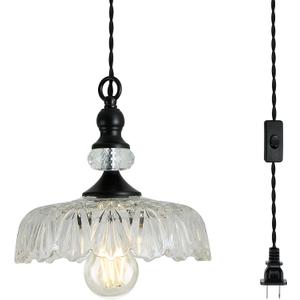 CVKASH Plug in Glass Pendant Light Fixture Black Vintage Adjustable Chandelier Hanging Ceiling Light for Farmhouse Hallway Bedroom Foyer Kitcken Dining Room Island