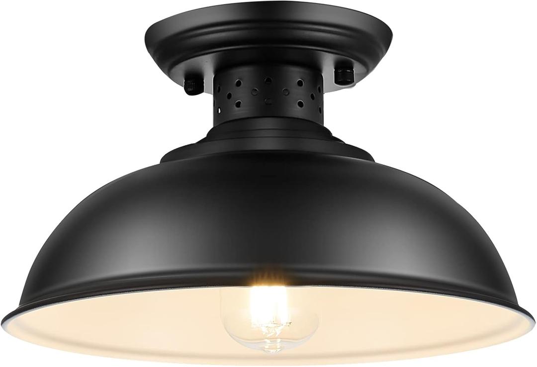 Semi Flush Mount Ceiling Light, Industrial Close to Ceiling Lighting Fixtures, Rustic Vintage Metal Black Ceiling Lamp for Kitchen Island Bedroom Hallway Farmhouse, 13in