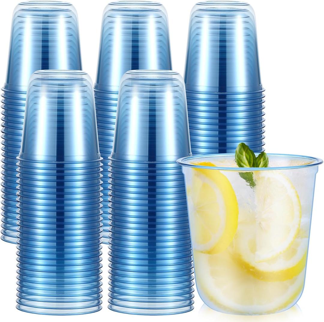 Ziliny 100 Pcs Disposable Stemless Glasses 12oz Crystal Plastic Glasses Clear Classic Pet Cup for Meeting Weddings Birthdays Cocktail Christmas Party Supplies (Light Blue)