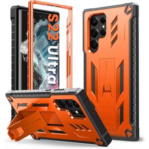 FNTCASE for Samsung Galaxy S22 Ultra Case: Built-in Screen Protector&Kickstand Full-Body Dual Layer Rugged Military Grade Shockproof Protection Heavy Duty Protective Phone Cover 5G-Orange