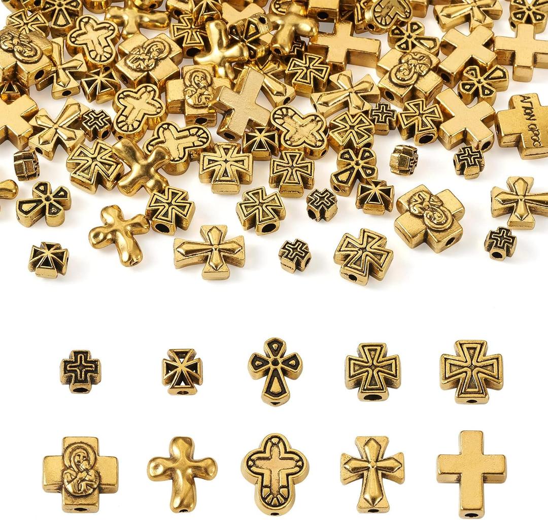 Beadthoven 100pcs Alloy Cross Beads, Tibetan Gold Cross Beads Spacers Jesus Crucifix Cross Metal Beads Vintage Gold Plated Prayer Rosary Beads for DIY Jewelry Making Bracelet Earring Necklace Supplies