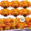 16 Bundles Artificial Mums for Outdoors/Indoors Faux Mums for Outdoor Planters, Eucalyptus Leaves Fall Flowers Artificial for Decoration Boxwood Garden Porch Window Home Wedding (Yellow&red Green)