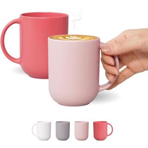 12 oz Ceramic Coffee Mugs, Set of 2 - Satin-Matte Finish, Minimal Modern Design, Comfort-Grip Handles, Microwave & Dishwasher Safe, Handmade in Korea (Pink & Rose)
