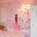 Butterfly Wall Stickers for Kids, Wall Decals Pink Floral Wall Art for Cartoon DIY Removable Girls Home Decor, W11.8"×H35.4"