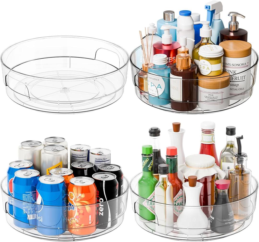 Yieach 4 Pack 12" W Clear Acrylic Lazy Susan Turntable for Cabinet, Refrigerator, Pantry and Kitchen - with Handle - Large Fridge Sauce Condiment Turn Table Organizer, Spinning Round Spice Rack Carousel