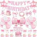 Pink Bow Birthday Party Decorations Girl Bow Themed Party Decorations Include Happy Birthday Banner Hanging Swirls Balloons Cake Toppers for Girls Baby Shower Bridal Shower Bachelorette Party Decor