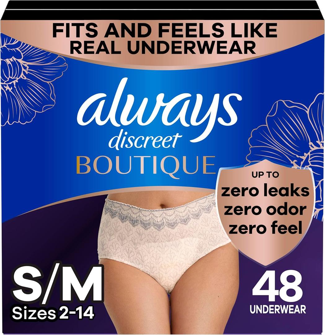 Always Discreet Boutique Incontinence and Postpartum Underwear for Women, Maximum Protection, Small/Medium, Rosy, 48 Count (4 Packs of 12) Always Discreet Boutique Incontinence and Postpartum Underwear for Women, Maximum Protection, Small/Medium, Rosy, 48 Count (4 Packs of 12)
