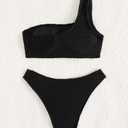 YIMISAN Women's Ribbed Bikini Sets One Shoulder Top with Mid Waist Two Piece Bathing Suit (Black, M)