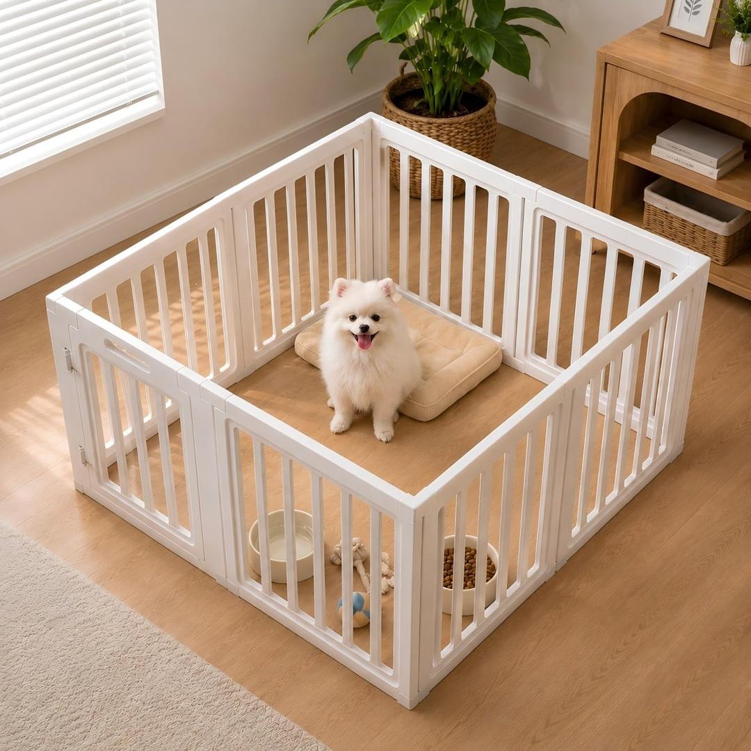 EVERFRONT Dog Playpen Indoor, Puppy Playpen, White 30" H, 8 Panels
Modern Home Fit, 360°Air Circulation, Open View, Tool-free Setup, DIY Shapes, Stylish Dog Pen for Small Dogs, Cats & Puppies
