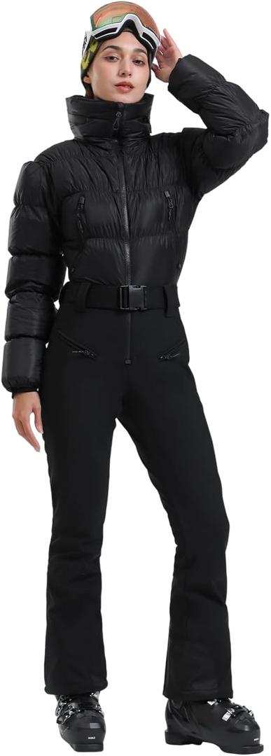 GSOU SNOW Womens Ski Suits Down One Piece Snowsuit Waterproof Snowboard Jumpsuits Winter Ski Outfit (Small, Black)