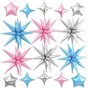 Pink Blue Silver Star Balloon,16Pcs Star Foil Balloons Set with 22Inch Explosion Spike Cone Balloons and 10Inch Quadrangle Helium Balloon for Birthday Wedding Baby Shower Party Decorations