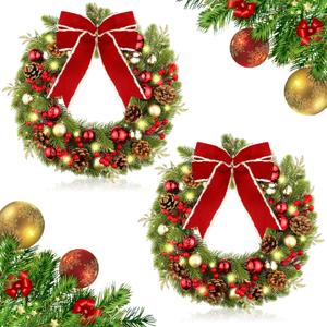 Unittype 2 Pcs 14 Inch Lighted Christmas Wreaths for Front Door with Red Bow, Balls & Berries, Christmas Wreath with Lights Decorations for Indoor Outdoor Fireplace Mantle Wall Window Xmas Decor