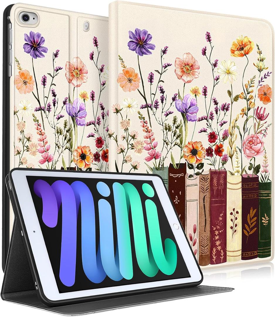  iPad mini 5th 2019/Mini 4th 2016 Case - Smart Folio Cover (Auto Wake/Sleep) with Build-in Pencil Holder for Apple Tablet Soft PU Leather Cover for Women Girls,Painting Flowers (Bookshelf Floral)