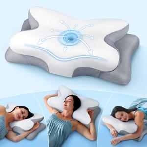 Effective Pain Relief Cervical Neck Pillow for Sleeping, Ergonomic Cooling Side Sleeper Pillow for Neck Support, Odorless Orthopedic Contour Memory Foam Pillows, Bed Pillow for Stomach Back Sleeper (Queen, White)
