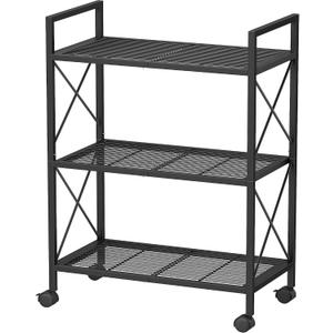 SONGMICS 3-Tier Metal Storage Rack with Wheels, Mesh Shelving Unit with X Side Frames, 23.6-Inch Width, for Entryway, Kitchen, Living Room, Bathroom, Industrial Style, Black UBSC163B01