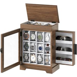 HOOBRO 12-Slot Watch Box with Flip-Top Storage, Wooden Watch Case with Acrylic Display, Watch Display Case with Drawer, for Watches, Sunglasses, Walnut BH21JB04