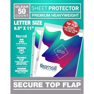 Samsill Sheet Protectors, 8.5x11 Inch Page Protectors for 3 Ring Binder, Super Heavy Duty, Secure Top Flap Protector, Letter Size, Top Loading, Acid Free, 50 Pack (Count Undetermined)