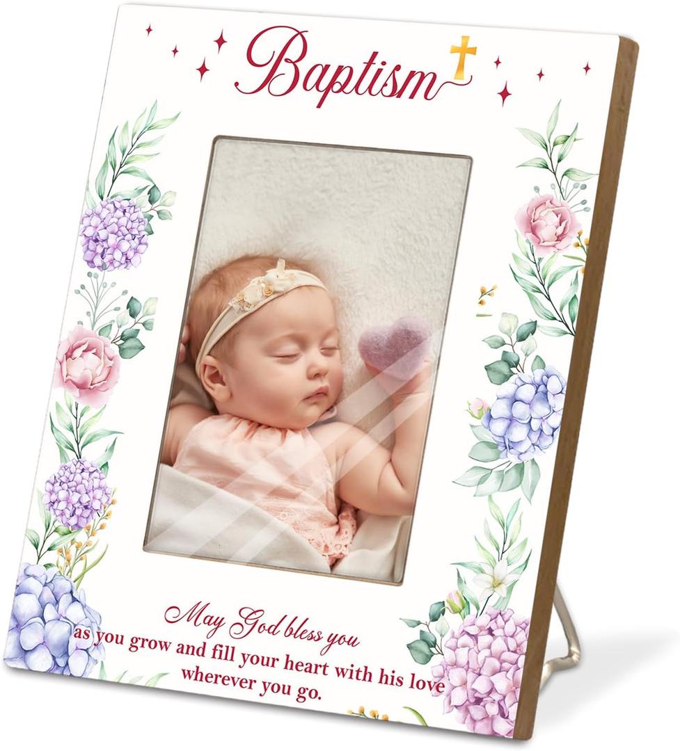 Baptism Picture Frame Gift for Baby Girl or Boy, Baby Baptism Gift from Godparents-May God Bless You Wherever You Go,First Communion Photo Frame, Fits 4x6 Inch Photo(Pink)