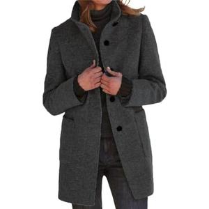 CHARTOU Women Winter Long Pea Coat Wool Blend Stand Collar Single Breast Thicken Blazer Jacket, Size: XL