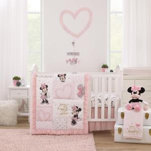 Disney Minnie Mouse My Happy Place Pink, Black, Gray, and White 3 Piece Nursery Crib Bedding Set - Comforter, 100% Cotton Fitted Crib Sheet, and Crib Skirt